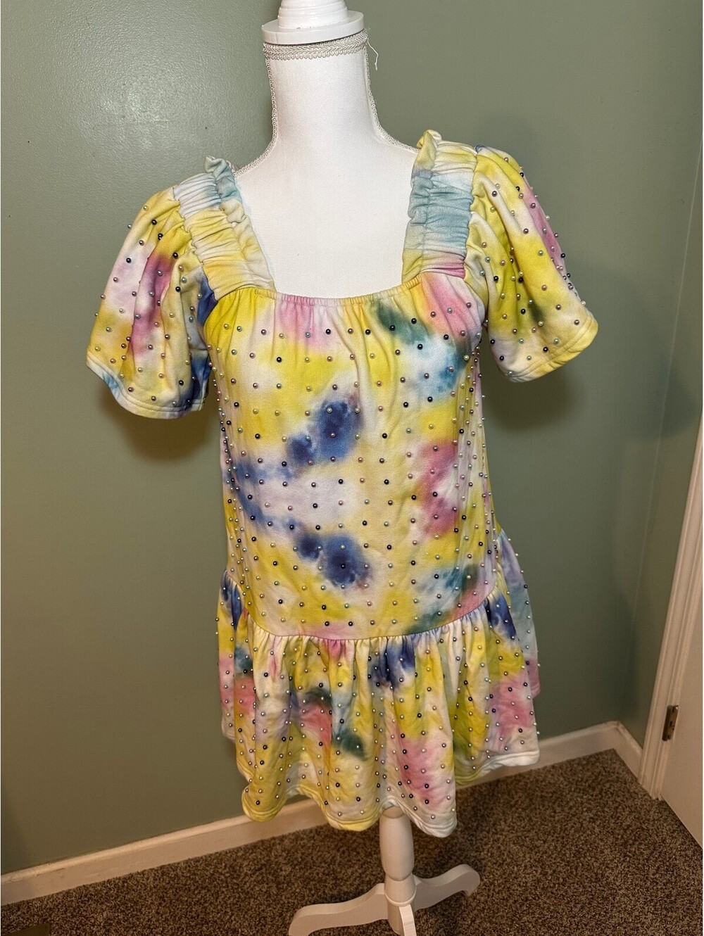 Queen of Sparkles Rainbow Tie-Dye Pearl Embellished Puff sleeve Mini Dress Small